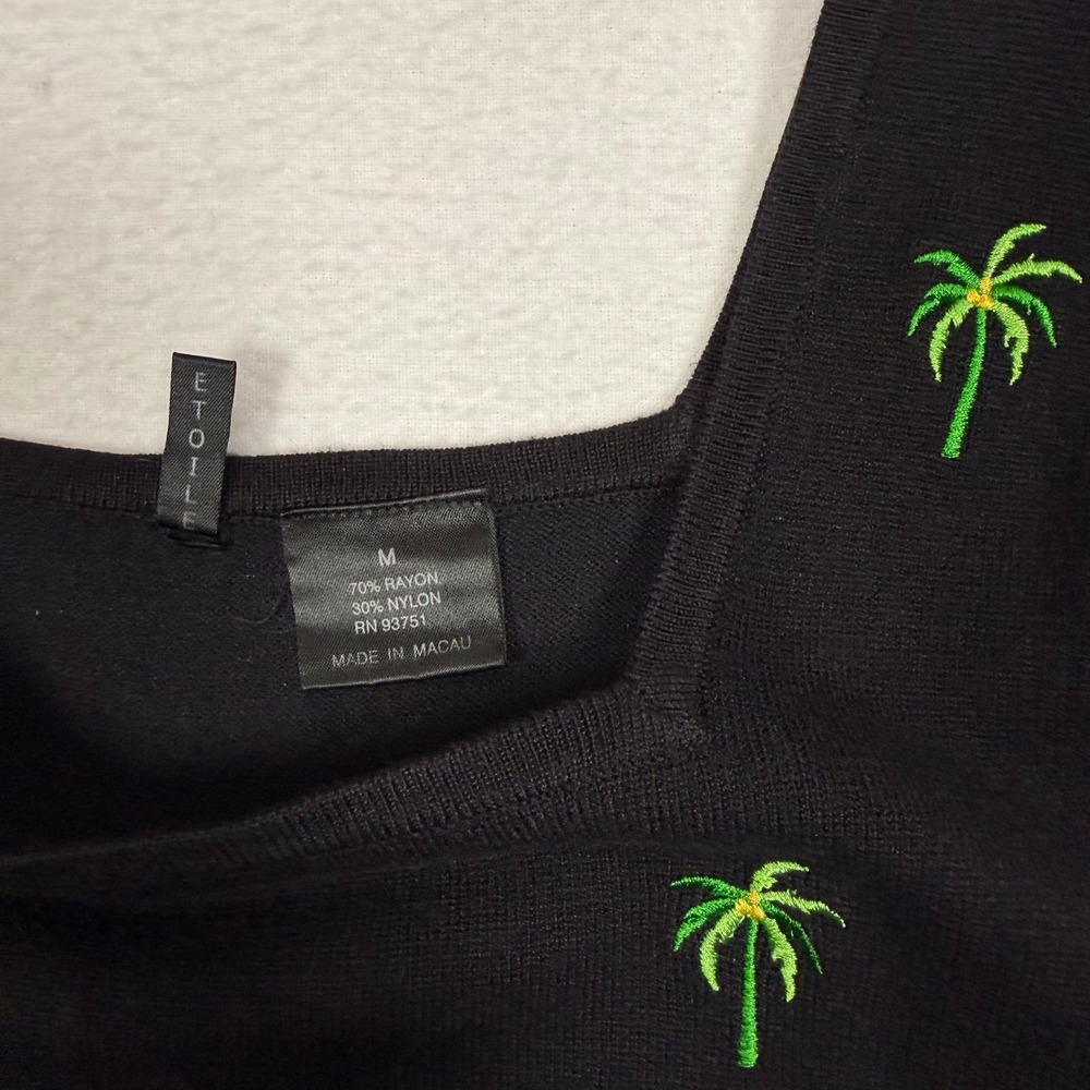 Etoile Womens Black Palm Tree Embroidered Knit Tank Top Square Neck Size M - Picture 2 of 6